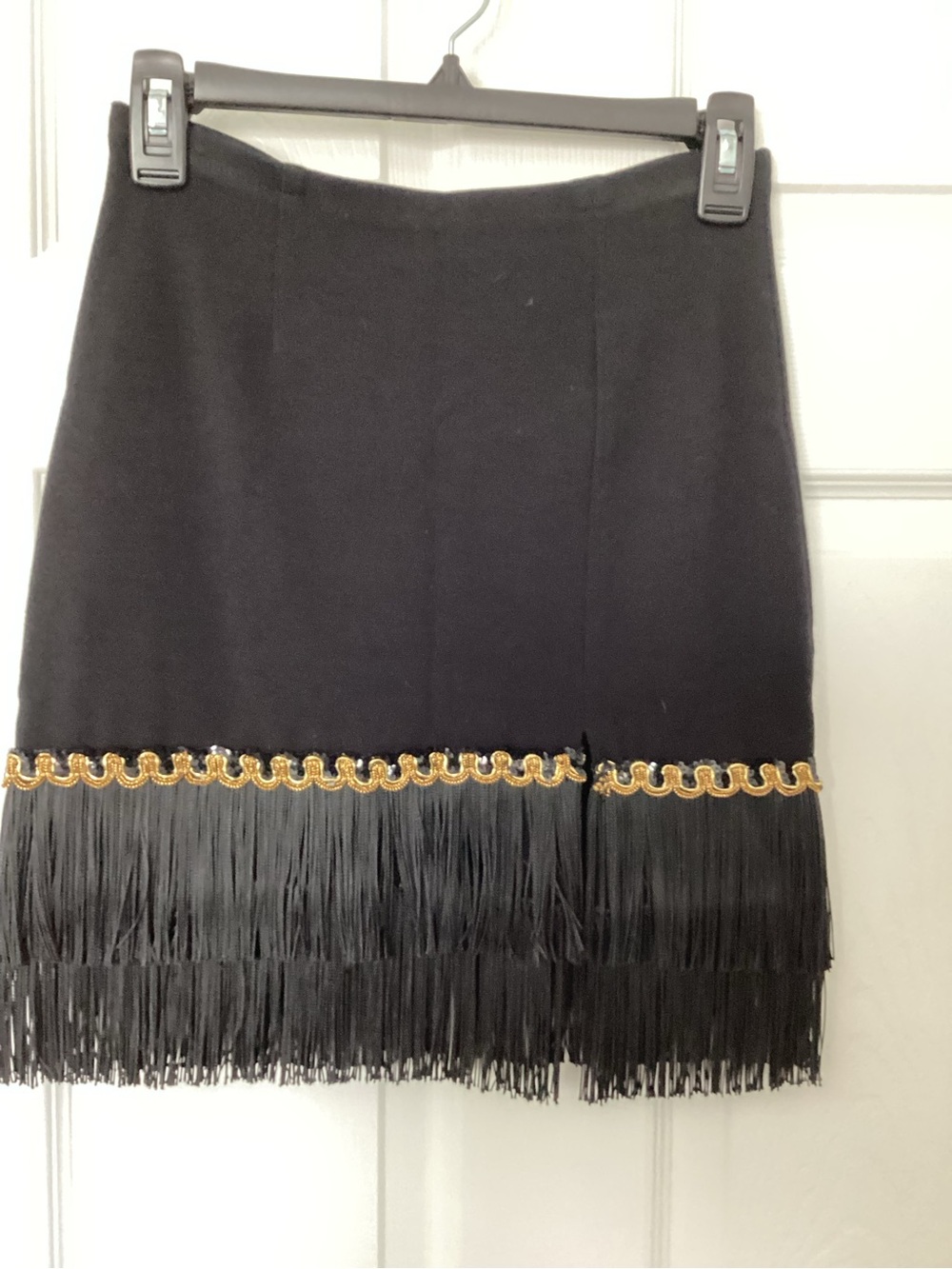 Express Upcycled Black Mini Skirt with Gold Trim and Fringe